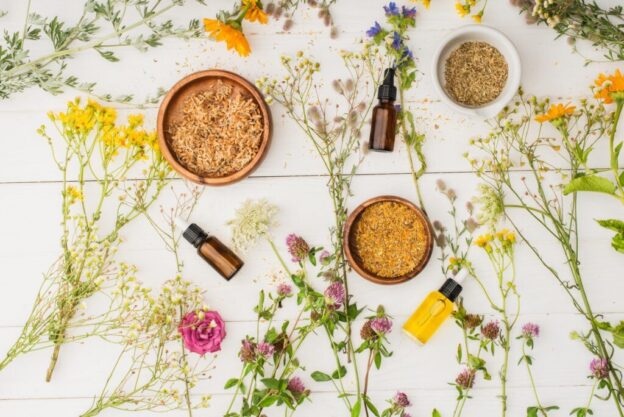 top view of herbs in bowls near flowers and bottles on white wooden background naturopathy concept 1024x684 1